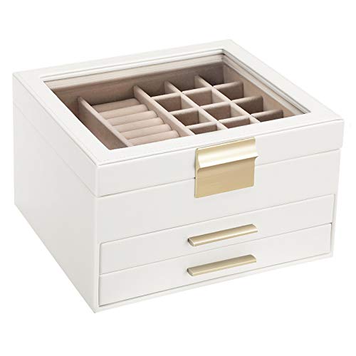 SONGMICS Jewelry Box with Glass Lid, 3-Layer Jewelry Organizer with 2 Drawers