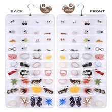 AARainbow Hanging Jewelry Organizer,80 Pockets Dual-Sided Non-Woven Transparent Foldable Organizers for Closet,Women Girl Storage Bag for Earrings Necklace Bracelet Ring Accessory (White)