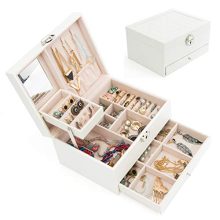 Jewelry Box Organizer Three-Layers Leather Jewelry Display Case with Retro Lock and Mirror (Three-Layers, White)