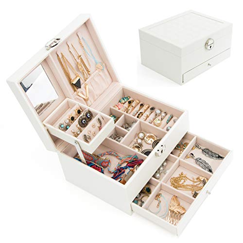 Jewelry Box Organizer Three-Layers Leather Jewelry Display Case with Retro Lock and Mirror (Three-Layers, White)