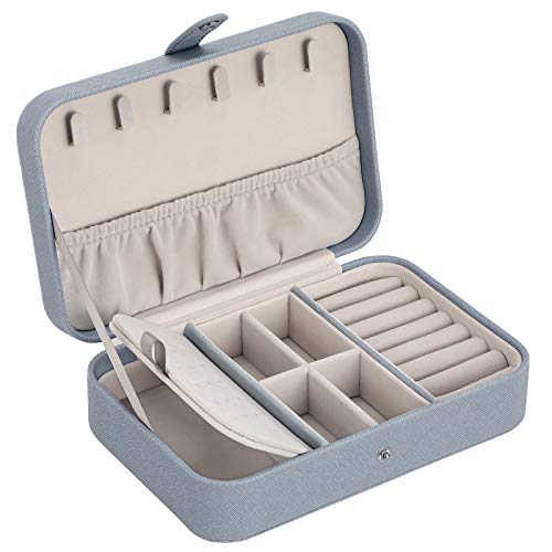 SONGMICS Travel Jewelry Box, Jewelry Organizer for Necklaces, Rings, Studs, with Hooks, Elastic Pocket, Multiple Compartments, and Removable Dividers, Snap Closure, Smoky Blue UJBC240BU