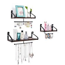 Keebofly Jewelry Organizer Wall Mounted Rustic Wood Hanging Jewelry Organizer for Necklaces Ring Earring and Bracelet Set of 3