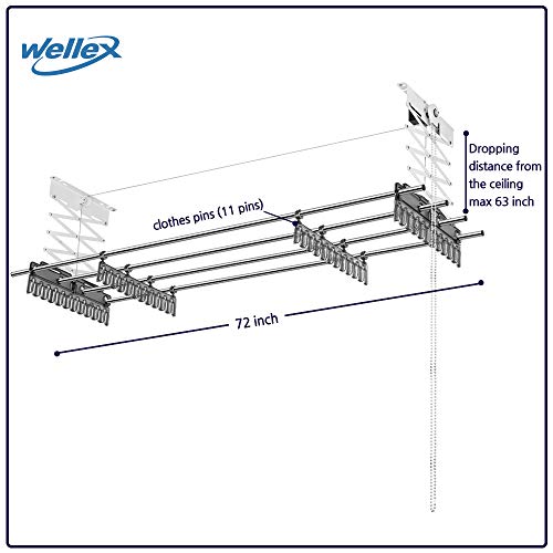 Wellex 72" Ceiling Mounted Laundry Drying Rack, Space Save