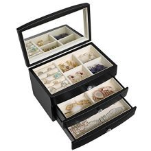 SONGMICS Jewelry Box Wooden Case Organizer with Large Mirror Black