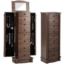 Large Standing Jewelry Armoire with 7 Drawers and 12 Necklace Hooks – Retro Design with Flip Mirror for Organized Storage and Elegant Display