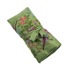Gracallet Light Green Soft Silk Embroidery Brocade Peony Floral Print Fabric Jewelry Roll Travel Organizer