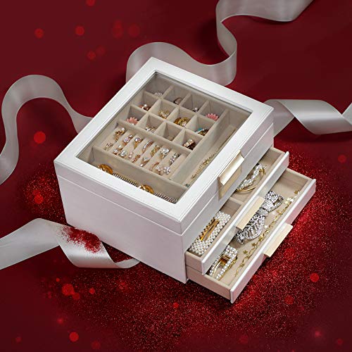 SONGMICS Jewelry Box with Glass Lid, 3-Layer Jewelry Organizer with 2 Drawers