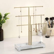 MyGift 3-Tier Gold-Tone Metal Jewelry Display Stand with Vintage White Wood