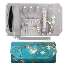 Emibele Small Travel Jewelry Roll Bag Organizer, Smart Size PU Leather Jewelry Roll Bag with Portable Pouch for Ring Earring Necklace Bracelet, Daily Jewelry Carrying - Almond Blossom
