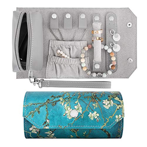 Emibele Small Travel Jewelry Roll Bag Organizer, Smart Size PU Leather Jewelry Roll Bag with Portable Pouch for Ring Earring Necklace Bracelet, Daily Jewelry Carrying - Almond Blossom