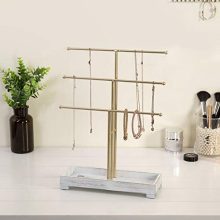 MyGift 3-Tier Gold-Tone Metal Jewelry Display Stand with Vintage White Wood