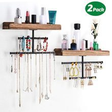 Keebofly Hanging Wall Mounted Jewelry Organizer with Rustic Wood Jewelry Holder Display for Necklaces Bracelet Earrings Ring Set of 2 Carbonized Black