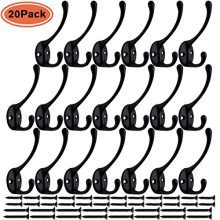 IBosins 20 Pack Heavy Duty Dual Coat Hooks Wall Mounted with 80 Screws Retro Double Hooks Utility Black Hooks for Coat, Scarf, Bag, Towel, Key, Cap, Cup, Hat