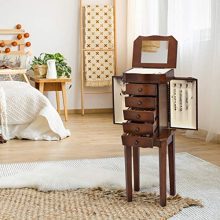 GentleShower Cabinet with Mirror Jewellery Box Organizer Wooden Jewelry Storage Armoire Hanging 5 Drawer, Brown