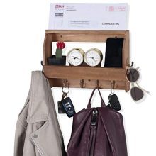 Wallniture Entryway Décor Mail Holder Shelf Coat Rack with 8 Hooks Wood Walnut