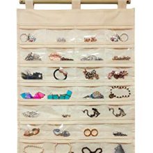 JSXD Hanging Jewelry Organizer,32 Clear PVC Pockets with 2 Jewelry Storage Metal Hooks for Holding Rings, Necklaces, Earrings and Bracelets (Beige)