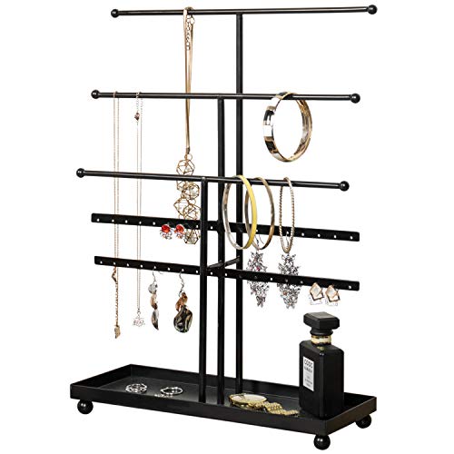 MyGift 5 T-Bar Modern Black Metal Jewelry Organizer for Bracelets, Necklaces and Earrings with Ring Tray
