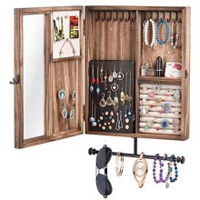 Keebofly Wall Mounted Jewelry Organizer with Rustic Wood Large Space Jewelry Cabinet Holder for Necklaces, Earrings, Bracelets, Ring Holder, and Accessories (Carbonized Black)