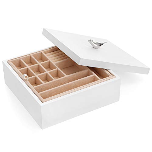 SONGMICS Wooden Jewelry Box, 2-Layer Jewelry Organizer with Removable Tray, Valentine Gift for Loved Ones, White UJOW11WT