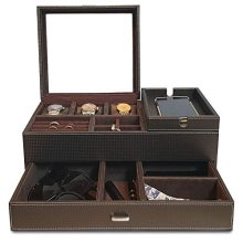 Stylish Men's Leather Watch and Jewelry Box Organizer – Large Capacity with Detachable Charging Station for Neat Bedside Organization
