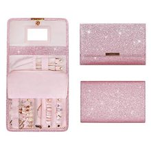 bagsmart Travel Jewelry Organizer Foldable Glitter Bling Jewelry Roll for Journey-Rings, Necklaces, Bracelets, Earrings, Wallet Style, Pink