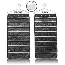 Dual-sided hanging jewelry organizer with 44 clear zippered pockets, durable hanger, and over-the-door hook for accessories and makeup storage