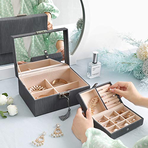 SONGMICS 2-Layer Box, Lockable Jewelry Organizer, Foldable Tray