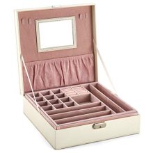 goldwheat Two-Layer Leather Jewelry Box Decorative Organizer Display Storage Case Tray with Lock and Key,White