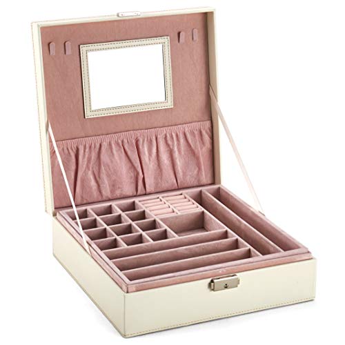 goldwheat Two-Layer Leather Jewelry Box Decorative Organizer Display Storage Case Tray with Lock and Key,White
