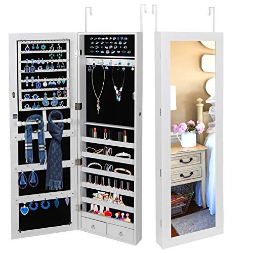 ZenStyle Jewelry Armoire Lockable Wall/Door Mounted Jewelry Organizer with Mirror and Drawers Jewelry Cabinet for Bracelet Ring Necklace Earring Watch Makeup Sunglasses(White