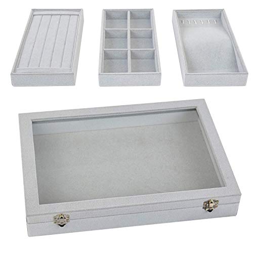 VIEFIN Stackable Jewelry Tray with Lid, Velvet Earring Drawer Insert Display Show Case, Dresser Organizer for Ring Stud, Necklace Holder Storage Box Chest,Grey 4 in 1(with lid)