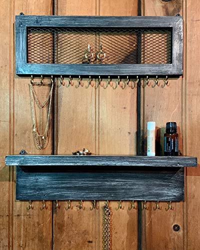 North Corner Hanging Jewelry Organizer with Shelf Two Piece Rustic Wood