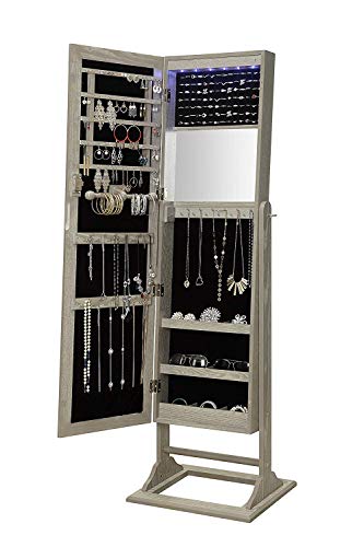Abington Lane Standing Jewelry Armoire - Lockable Cabinet Organizer with Full Length Mirror and LED Lights - (Heathered Wood Finish)