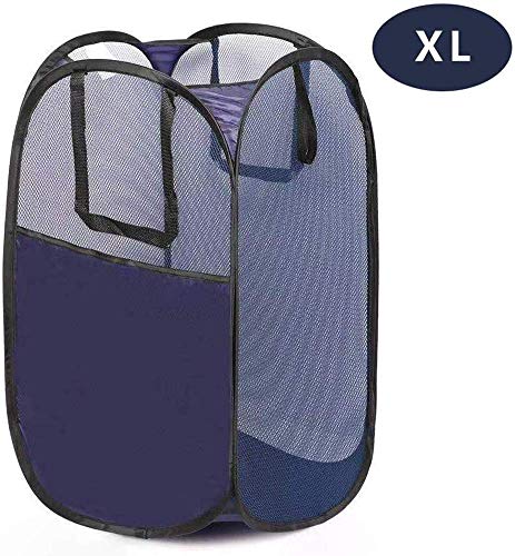 GANAMODA Mesh Laundry PopUp Hamper - Foldable Pop-Up Mesh Hamper with Reinforced Carry Handles, Collapsible for Storage and Easy to Open, Portable XL Blue