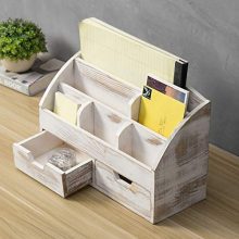 MyGift 7-Compartment Shabby Whitewashed Wood Desktop Office Supplies