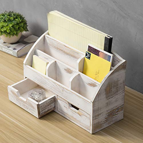 MyGift 7-Compartment Shabby Whitewashed Wood Desktop Office Supplies