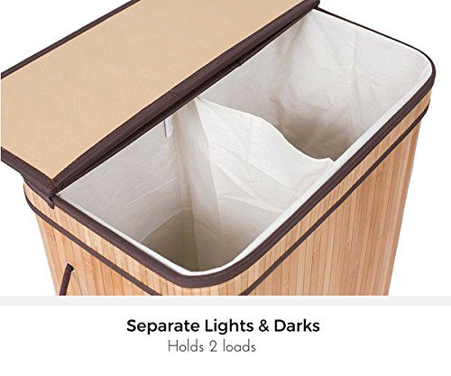 BIRDROCK HOME Bamboo Double Laundry Hamper – 2-Section Organizer with Lid & Liner for Effortless Sorting