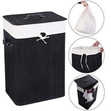 Humany 72L Bamboo Laundry Hamper with Lid and Removable Liners, Dirty Clothes Hamper Large Size with Leather Handles (Black)
