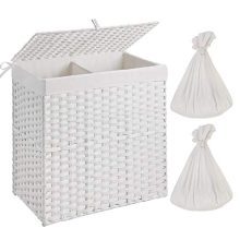 Greenstell Handwoven Laundry Hamper with 2 Removable Liner Bag,Synthetic Rattan Laundry Basket with Lid and Handles,Foldable and Easy to Install White(Larger Size