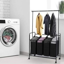 Tuscom Laundry Sorter Storage Cart with Hanging Bar, Removable 4 Bag Portable