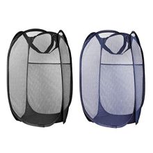 XJSW Laundry Hamper Foldable Pop-Up Mesh Popup Laundry Basket with Reinforced Carry Handles Collapsible for Storage and Easy to Open Great for The Kids Room, College Dorm or Travel (Black and Blue)