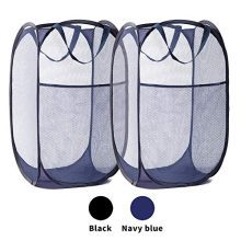 Portable Mesh Laundry Basket, 2 Pieces of Premium Pop up Laundry Hampers with Thickened Mesh,Side Pocket,Wide Opening, and Reinforced Handles, Easy to fold for storage and easy to open, (navy blue)