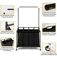 HOMEIDEAS Laundry Sorter with Hanging Bar 4-Bag Rolling Laundry Sorter Storage