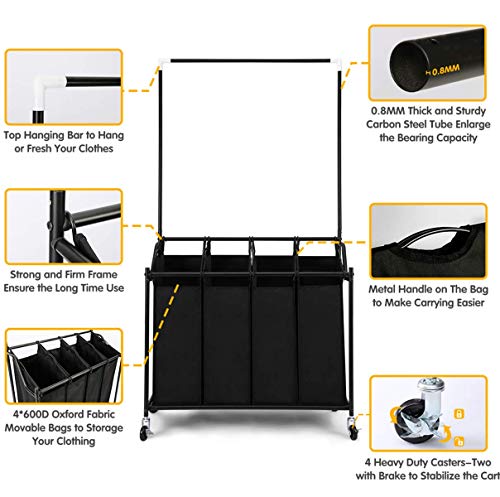 HOMEIDEAS Laundry Sorter with Hanging Bar 4-Bag Rolling Laundry Sorter Storage