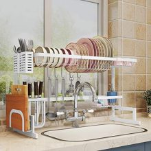 Over Sink(33") Dish Drying Rack, 2 Cutlery Holders Drainer Shelf for Kitchen Supplies Storage Counter Organizer Stainless Steel Display- Kitchen Space Save Must Have (White, For Sink ≤ 33.5inch)