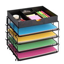 CAXXA 4 Tier Stackable Mesh Letter Tray Desktop Organizer with Adjustable Drawer