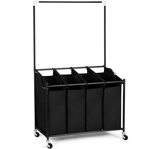 HOMEIDEAS Laundry Sorter with Hanging Bar 4-Bag Rolling Laundry Sorter Storage Cart 4 Section on Heavy-Duty Wheels, Black