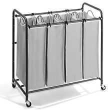 JustRoomy Mobile 4-Bag Classics Laundry Hamper Sorter Clothes Storage Cart Laundry Organizer Basket with Heavy Duty Rolling Lockable Wheels Casters Tall Handles, Silver Gray