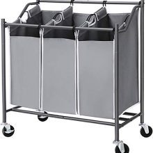 SONGMICS 3-Bag Laundry Cart Sorter, Rolling Laundry Basket Hamper, with Casters and Brakes, Gray URLS70GS