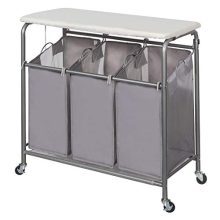 STORAGE MANIAC Laundry Sorter with Ironing Board 3-Section Heavy-Duty Rolling Laundry Cart with Free Laundry Hamper, Grey